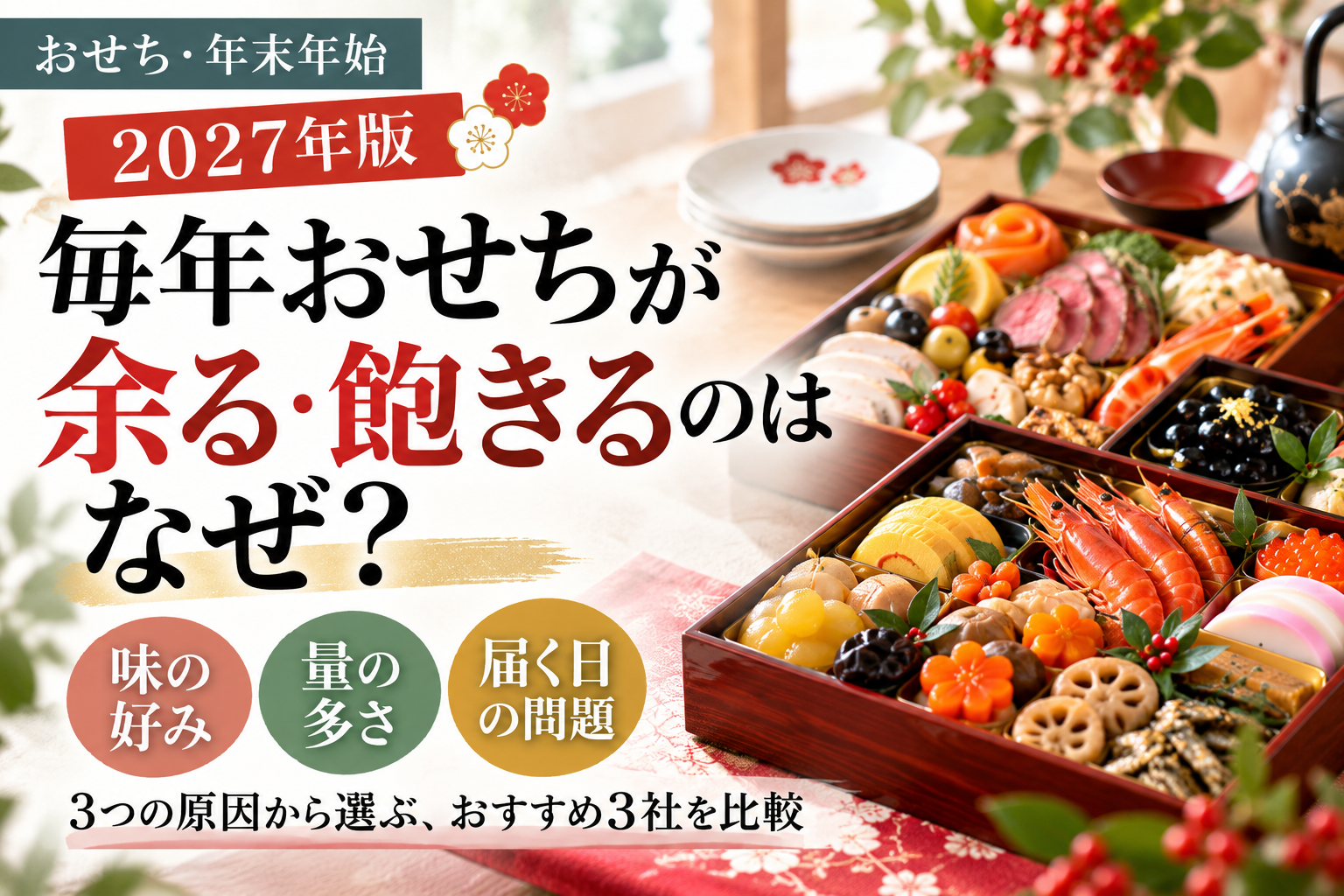 2027年おせち比較。毎年おせちが余る・飽きる理由を、味・量・届く日の違いから考える記事のアイキャッチ画像