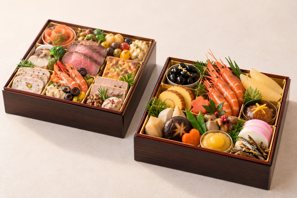 洋風料理を詰めたお重と、黒豆・海老・数の子などを詰めた和風おせちのお重